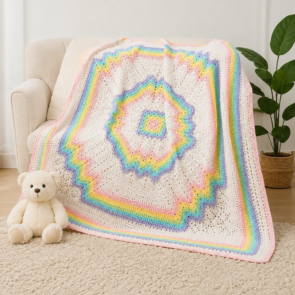 VTG Beautiful Handmade Crochet  Afghan Baby Blanket Multicolor. Approx 35x35